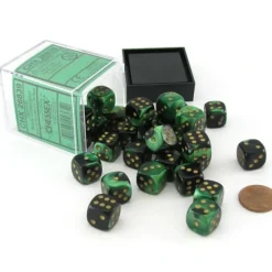 Dice>Gemini 12mm D6 Chessex Dice Block (36 Dice) - Black-Green with Gold Pips - Your Source for Gaming Essentials