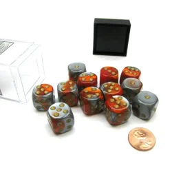 Dice>Gemini 16mm D6 Chessex Dice Block (12 Die) - Orange-Steel with Gold Pips - Your Source for Gaming Essentials