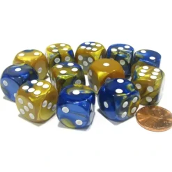 Dice>Gemini 16mm D6 Chessex Dice Block (12 Dice) - Blue-Gold with White Pips - Your Source for Gaming Essentials