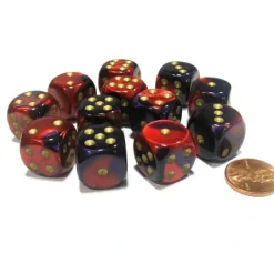 Dice>Gemini 16mm D6 Chessex Dice Block (12 Dice) - Purple-Red with Gold Pips - Your Source for Gaming Essentials