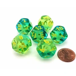 Dice>Gemini 18mm D12 Dice, 6 Pieces - Translucent Green-Teal with Yellow Numbers - Your Source for Gaming Essentials