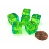 Dice>Gemini 15mm D6 Dice, 6 Pieces - Translucent Green-Teal with Yellow Numbers - Your Source for Gaming Essentials
