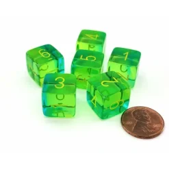 Dice>Gemini 15mm D6 Dice, 6 Pieces - Translucent Green-Teal with Yellow Numbers - Your Source for Gaming Essentials