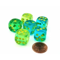 Dice>Gemini 16mm D6 Dice, 6 Pieces - Translucent Green-Teal with Yellow Numbers - Your Source for Gaming Essentials