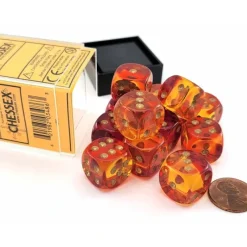 Dice>Gemini 16mm D6 Dice Block (12 Dice) - Translucent Red-Yellow with Gold Numbers - Your Source for Gaming Essentials