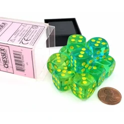 Dice>Gemini 16mm D6 Dice Block (12 Dice) - Translucent Green-Teal with Yellow Numbers - Your Source for Gaming Essentials
