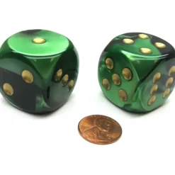 Dice>Gemini 30mm Large D6 Chessex Dice, 2 Pieces - Black-Green with Gold Pips - Your Source for Gaming Essentials