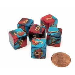 Dice>Gemini 15mm 6-Sided D6 Numbered Dice, 6 Pieces - Red-Teal with Gold Numbers - Your Source for Gaming Essentials
