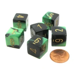 Dice>Gemini 15mm 6-Sided D6 Numbered Chessex Dice, 6 Pieces - Black-Green with Gold - Your Source for Gaming Essentials
