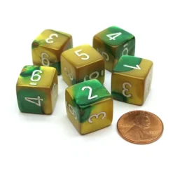Dice>Gemini 15mm 6-Sided D6 Numbered Chessex Dice, 6 Pieces - Gold-Green with White - Your Source for Gaming Essentials