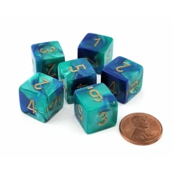 Dice>Gemini 15mm 6-Sided D6 Numbered Dice, 6 Pieces - Blue-Teal with Gold Numbers - Your Source for Gaming Essentials