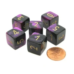 Dice>Gemini 15mm 6-Sided D6 Numbered Chessex Dice, 6 Pieces - Black-Purple with Gold - Your Source for Gaming Essentials