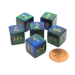 Dice>Gemini 15mm 6-Sided D6 Numbered Chessex Dice, 6 Pieces - Blue-Green with Gold - Your Source for Gaming Essentials
