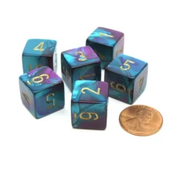 Dice>Gemini 15mm 6-Sided D6 Numbered Chessex Dice, 6 Pieces - Purple-Teal with Gold - Your Source for Gaming Essentials
