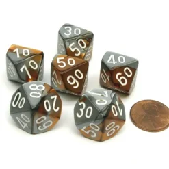 Dice>Gemini 16mm Tens D10 (00-90) Chessex Dice, 6 Pieces - Copper-Steel with White - Your Source for Gaming Essentials