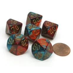 Dice>Gemini 16mm Tens D10 (00-90) Chessex Dice, 6 Pieces - Red-Teal with Gold Numbers - Your Source for Gaming Essentials