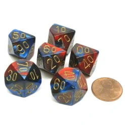 Dice>Gemini 16mm Tens D10 (00-90) Chessex Dice, 6 Pieces - Blue-Red with Gold Numbers - Your Source for Gaming Essentials