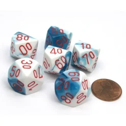 Dice>Gemini 16mm Tens D10 (00-90) Chessex Dice, 6 Pieces - Astral Blue-White with Red - Your Source for Gaming Essentials