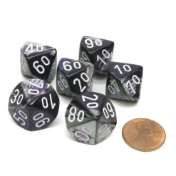 Dice>Gemini 16mm Tens D10 (00-90) Chessex Dice, 6 Pieces - Purple-Steel with White - Your Source for Gaming Essentials