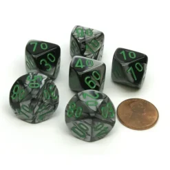 Dice>Gemini 16mm Tens D10 (00-90) Dice, 6 Pieces - Black-Grey with Green Numbers - Your Source for Gaming Essentials