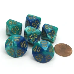 Dice>Gemini 16mm Tens D10 (00-90) Dice, 6 Pieces - Blue-Teal with Gold Numbers - Your Source for Gaming Essentials