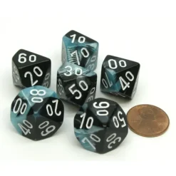 Dice>Gemini 16mm Tens D10 (00-90) Dice, 6 Pieces - Black-Shell with White Numbers - Your Source for Gaming Essentials