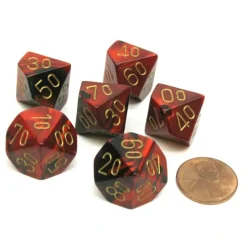 Dice>Gemini 16mm Tens D10 (00-90) Dice, 6 Pieces - Black-Red with Gold Numbers - Your Source for Gaming Essentials