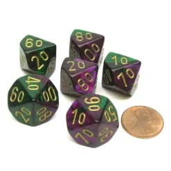 Dice>Gemini 16mm Tens D10 (00-90) Dice, 6 Pieces - Green-Purple with Gold Numbers - Your Source for Gaming Essentials
