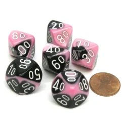 Dice>Gemini 16mm Tens D10 (00-90) Dice, 6 Pieces - Black-Pink with White Numbers - Your Source for Gaming Essentials