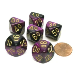 Dice>Gemini 16mm Tens D10 (00-90) Dice, 6 Pieces - Black-Purple with Gold Numbers - Your Source for Gaming Essentials