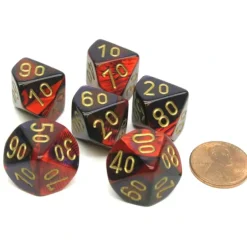 Dice>Gemini 16mm Tens D10 (00-90) Dice, 6 Pieces - Purple-Red with Gold Numbers - Your Source for Gaming Essentials