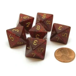 Dice>Glitter 15mm 8 Sided D8 Chessex Dice, 6 Pieces - Ruby with Gold - Your Source for Gaming Essentials