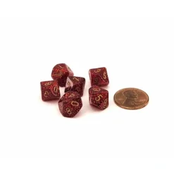 Dice>Glitter 10mm Mini 10 Sided D10 Dice, 6 Pieces - Ruby with Gold Numbers - Your Source for Gaming Essentials