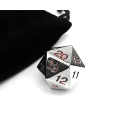 Dice>Large 22mm Zinc Metal Alloy Countdown D20 Dice with Black Pippd Bag- Red Numbers - Your Source for Gaming Essentials