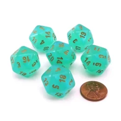 Dice>Luminary Borealis 20 Sided D20 Dice, 6 Pieces - Light Green with Gold Numbers - Your Source for Gaming Essentials