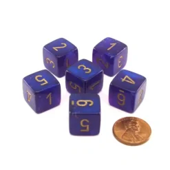 Dice>Luminary Borealis 15mm 6 Sided D6 Dice, 6 Piece - Royal Purple with Gold Numbers - Your Source for Gaming Essentials