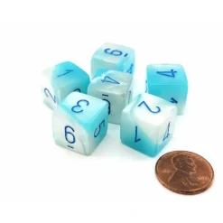 Dice>Luminary Gemini 15mm D6 Dice, 6 Pieces - Pearl Turquoise-White with Blue - Your Source for Gaming Essentials