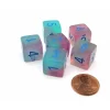 Dice>Luminary Gemini 15mm D6 Dice, 6 Pieces - Gel Green-Pink with Blue Numbers - Your Source for Gaming Essentials