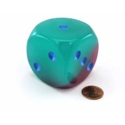 Dice>Luminary Gemini 50mm Huge Large D6 Dice, 1 Piece - Gel Green-Pink with Blue Pips - Your Source for Gaming Essentials