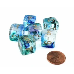 Dice>Luminary Nebula 15mm D6 Chessex Dice, 6 Pieces - Oceanic with Gold Numbers - Your Source for Gaming Essentials