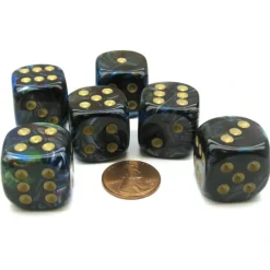 Dice>Lustrous 20mm Big D6 Chessex Dice, 6 Pieces - Shadow with Gold Pips - Your Source for Gaming Essentials