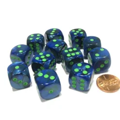 Dice>Lustrous 16mm D6 Chessex Dice Block (12 Dice) - Dark Blue with Green Pips - Your Source for Gaming Essentials