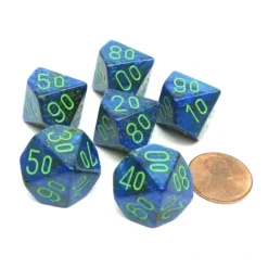 Dice>Lustrous 16mm Tens D10 (00-90) Dice, 6 Pieces - Dark Blue with Green Numbers - Your Source for Gaming Essentials
