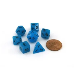Dice>Mini 7-Die Polyhedral Dice Set - Glow Blue with Black Numbers - Your Source for Gaming Essentials