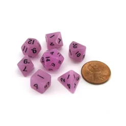 Dice>Mini 7-Die Polyhedral Dice Set - Glow Purple with Black Numbers - Your Source for Gaming Essentials