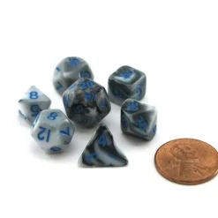 Dice>Mini 10mm Polyhedral Dice Set, 7 Pieces - Marble with Blue Numbers - Your Source for Gaming Essentials