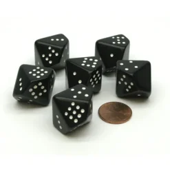 Dice>Opaque 20mm 10 Sided D10 Spotted Pip Dice, 6 Pieces - Black with White Spots - Your Source for Gaming Essentials