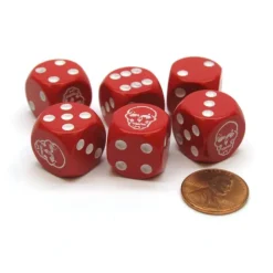 Dice>Opaque 16mm D6 Skull Face Dice, 6 Pieces -Red with White Skull on the Ace Side - Your Source for Gaming Essentials