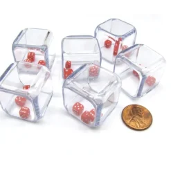 Dice>Pack of 6 '3 In a Cube' Dice - Three 5mm Red Tiny Dice Inside 25mm Clear Cube - Your Source for Gaming Essentials