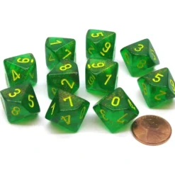 Dice>Pack of 10 Chessex Borealis D10 Dice - Maple Green with Yellow Numbers - Your Source for Gaming Essentials